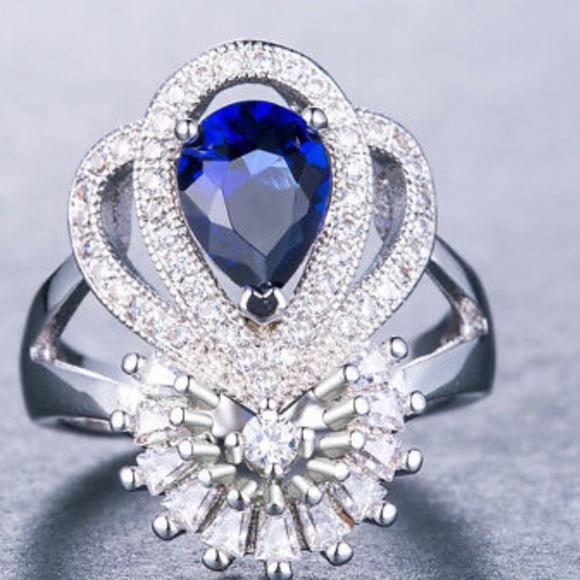 925 silver Luxury Water Drop Blue Sapphire Ring - Picture 3 of 11